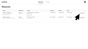 Click to enlarge Requests tab is open. The cursor is clicking Fill out form next to a student request
